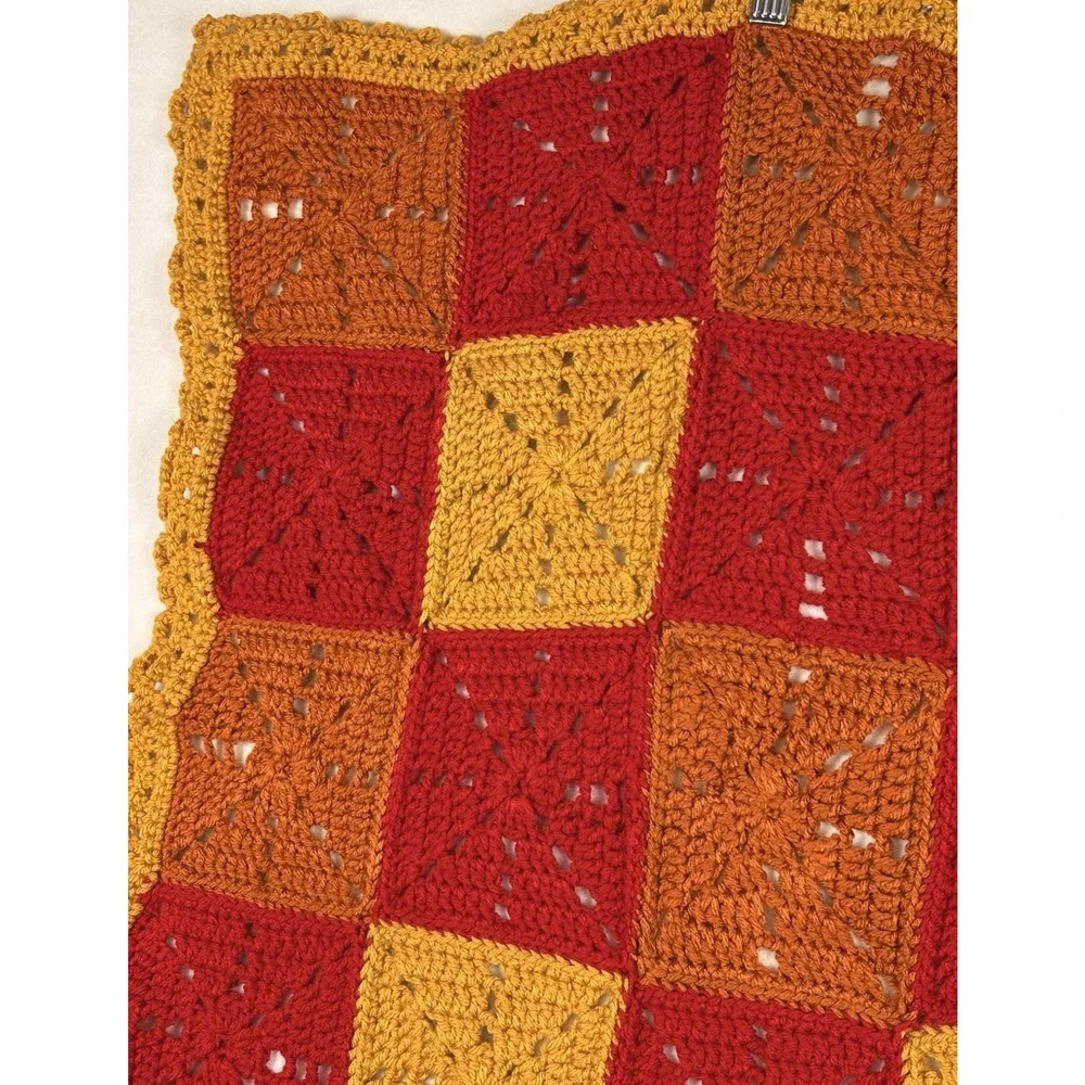 Handmade Crochet Granny Square Patchwork Baby Blanket Retro Red Brown 35